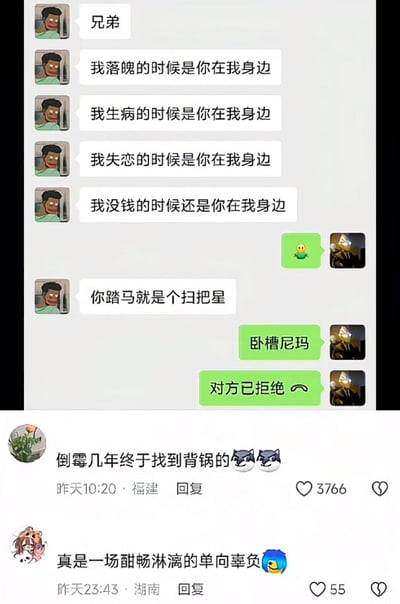 这张图由两部分组成，上半部分是微信风格的两人聊天记录：左侧的聊天者A先连续四次感慨自己落魄、生病、失恋、没钱的低谷时期，对方都陪伴在自己身边，就在聊天者B发了摇头小黄脸回应时，聊天者A突然翻脸辱骂对方是扫把星，聊天者B先是爆粗，随后挂断了语音通话。下半部分是两条网友评论，第一条评论称“倒霉几年终于找到背锅的”并搭配两个坏笑的狗头表情，获赞3766，第二条评论调侃“真是一场酣畅淋漓的单向辜负”，获赞55，整体是带有强烈反转效果的搞笑内容。