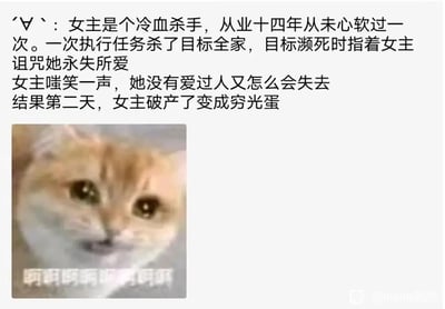 这是一张图文混排的搞笑梗图，上方是一段充满荒诞反转的段子：从业十四年的冷血杀手女主，在一次执行任务灭杀目标全家后，被濒死的目标诅咒“永失所爱”，女主嗤笑自己从未爱过他人，不会有任何损失，结果第二天就破产变成了穷光蛋。这里运用了谐音梗，将“爱”谐音为“财”，让“永失所爱”的诅咒从失去爱人变成失去财产，制造出强烈的反差笑点。下方搭配了一张泪眼汪汪、张嘴大叫的猫咪表情包，配文“啊啊啊啊啊啊啊啊”，生动形象地表现出女主突然破产后崩溃、绝望的情绪，将段子的荒诞感和情绪放大，让整个梗图的搞笑效果更强烈。