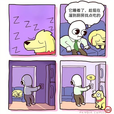 这是一幅四格漫画，讲述了一个有趣的小故事。第一格中，一只黄色的狗正在紫色背景前熟睡，发出"ZZZ"的鼾声。第二格显示一个戴着绿色领带的白色人形角色，正看着熟睡的狗，心里想着："它睡着了，趁现在溜到厨房找点吃的"。第三格中，白色人形角色踮着脚尖，小心翼翼地走向门口，试图不吵醒狗。第四格是故事的转折点，当白色人形角色正要开灯时，狗突然醒来站在他面前，发出"哒"的声音，显然已经发现了他的企图。整个漫画通过简单的画面和表情变化，展现了一个计划失败的搞笑场景。