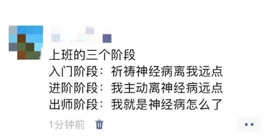 这是一张微信朋友圈的静态截图，属于图文混排内容，以幽默的三段式文字将职场人的心态变化划分为三个阶段：入门阶段祈祷职场里难相处的人远离自己，进阶阶段学会主动避开这类人，出师阶段则以自我调侃“我就是神经病怎么了”的心态来应对职场状况，精准戳中职场人在面对职场人际关系与压力时的心态转变，用戏谑的方式抒发职场情绪，容易引发职场群体的共鸣。