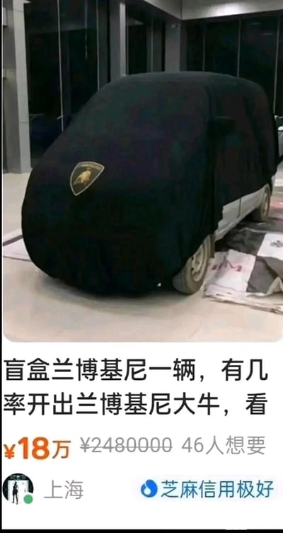 这是一张来自二手交易平台的玩梗式售卖截图，图中展示了一辆被兰博基尼品牌车衣覆盖大部分车身的廉价小型电动车，仅露出小车的车轮和部分车身，通过视觉错觉营造出隐藏款超跑的假象。下方配文以盲盒的噱头进行售卖，标注“盲盒兰博基尼一辆，有几率开出兰博基尼大牛”，售价18万元，标注原价248万元，显示有46人想要，卖家地址为上海且芝麻信用极好。该内容是网友创作的搞笑玩梗内容，利用视觉错位和夸张的售卖话术，调侃盲盒营销的套路，制造出廉价物品伪装高端奢侈品的反差搞笑效果。