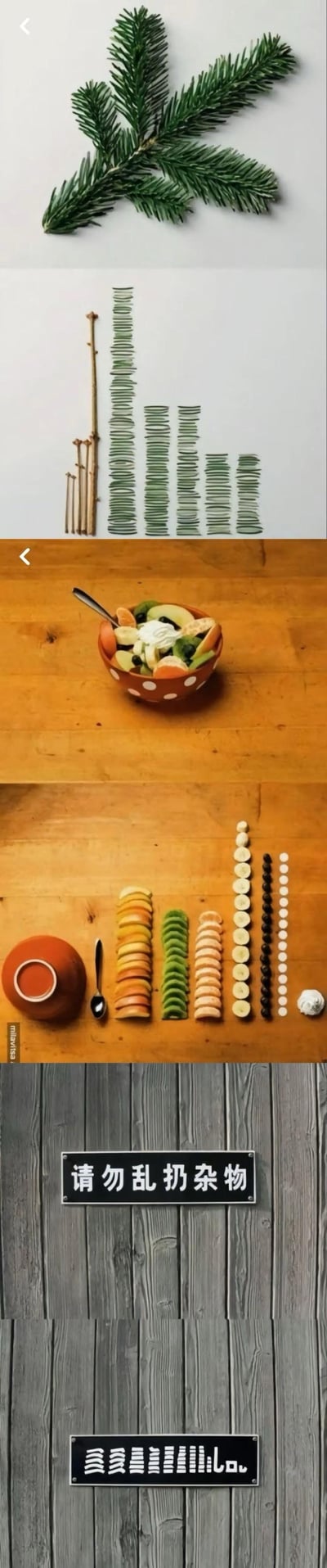 图片为竖版多图拼接，包含六个场景：1. 顶部为一根绿色松枝平放在浅色背景上；2. 青豆被整齐排列成类似柱状图的形状，底部有几根散落的青豆；3. 木桌上放着一个橙色带白点的碗，碗内装有水果沙拉，配有勺子；4. 木桌上依次排列着切片的橙子、猕猴桃、香蕉、胡萝卜等，旁边有一个橙色小碗和勺子；5. 灰色木板背景上挂着黑色长方形标语牌，白色文字写着“请勿乱扔杂物”；6. 同灰色木板背景上挂着另一个黑色标语牌，上面是由竖线和圆点组成的抽象符号。整体通过创意食物排列与环保标语形成视觉对比，暗示整洁有序与环境保护的关联。