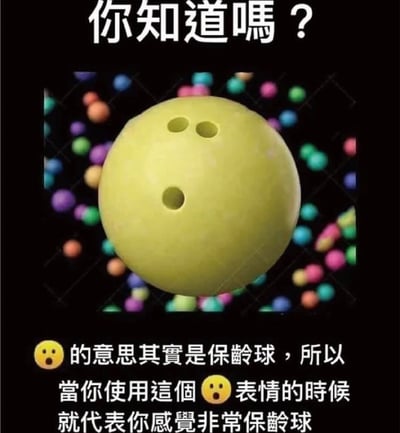 這張梗圖的主體是一個黃色保齡球，其表面的三個孔排列類似於驚訝表情符號😮。圖片上方有文字「你知道嗎？」，下方文字則幽默地解釋說😮表情的意思其實是保齡球，因此使用該表情時代表「感覺非常保齡球」——這是一種無厘頭的玩笑，利用保齡球孔與表情符號的視覺相似性製造笑點。