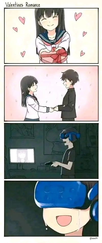 这是一组名为“Valentines Romance”的四格二次元漫画，描绘了极具反差感的“情人节浪漫”场景：第一格中，身着水手服的女生面带羞涩笑意，捧着系着红丝带的情人节礼物，周围飘着爱心，氛围甜蜜；第二格中，女生与男生牵手，两人都露出开心的表情，看似是情人节的美好互动；第三格画风一转，男生独自在房间里戴着蓝色VR设备，手持手柄专注玩游戏，电脑屏幕上还显示着女生的图像；第四格是男生的特写，他戴着VR设备，脸上挂着泪水却咧嘴大笑，泪水并非因感动，而是沉浸在游戏情绪中，讽刺了那些忽视恋人的心意、只沉迷游戏的人，所谓的“浪漫”不过是女生的一厢情愿。