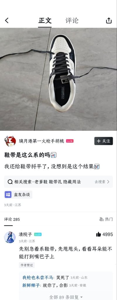 这是一张社交媒体帖子截图，上方展示了放在灰色瓷砖地面上的一双黑白拼色休闲板鞋，穿鞋带时错误将鞋带从鞋身两侧偏高的孔位穿出，两根鞋带向左右两侧平伸，外形看起来酷似驴的两只耳朵；下方是发帖内容，发布者昵称为“璃月港第一火枪手胡桃”，疑惑发问鞋带是不是这么系的，还表示自己特意把鞋带捋平，没想到得到了这样滑稽的效果，底下高赞评论用调侃的语气吐槽这双鞋的样子和驴头别无二致，还有其他用户在评论区互动调侃，整体氛围轻松搞笑。