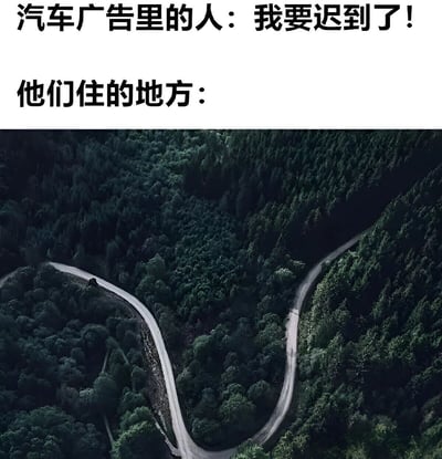 图片上半部分为黑色文字“汽车广告里的人：我要迟到了！他们住的地方：”，下半部分是一张俯拍的蜿蜒山路照片，茂密的森林覆盖着山峦，道路呈现出连续的S形曲线，显得极为偏僻曲折。通过文字与图片的结合，形成幽默对比：汽车广告中常有人物焦急地说“要迟到了”，但图片却展示了他们住在交通极不便利的深山里，暗讽广告场景的不切实际。