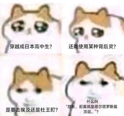 这是一张四格连环梗图，使用经典的流泪猫猫头表情包模板，通过递进的文字玩ACG作品的反差梗：
1. 第一格文字“穿越成日本高中生？”，是日式穿越题材作品的常见开局设定；
2. 第二格“还能使用某种背后灵？”，对应《JOJO的奇妙冒险》里的“替身”设定，替身常被粉丝调侃为“背后灵”；
3. 第三格“是要去埃及还是杜王町？”，埃及是《JOJO的奇妙冒险 星尘斗士》的核心舞台，杜王町是《JOJO的奇妙冒险 不灭钻石》的故事发生地，进一步强化JOJO系列的预期；
4. 第四格“什么叫‘怼长，前面就是塔尔塔罗斯最顶层。’？”，这里的“怼长”是对《Fate/Grand Order》（简称FGO）中“所长”奥尔加玛丽的谐音梗，塔尔塔罗斯是FGO异闻带的关键场景，瞬间将观众的预期从JOJO系列拉到FGO，制造强烈的反差搞笑效果。