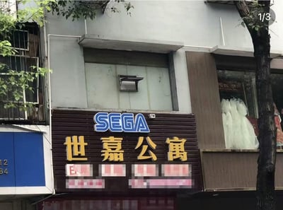 这是一张街拍的现实场景照片，展示了一家名为“世嘉公寓”的店铺招牌。招牌采用深棕色底板，上方是蓝白配色的知名游戏品牌“SEGA”的英文标识，下方是黄色的“世嘉公寓”中文名称，形成了与国际游戏公司世嘉撞名的趣味巧合。招牌上方是公寓的建筑外墙，右侧橱窗内可见一件白色婚纱，左侧则是带有门牌号的蓝色店铺门面，整体是充满生活气息的城市街景，因撞名知名品牌而显得格外有趣。
