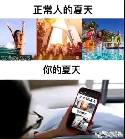 这是一张上下结构的对比梗图，上半部分以“正常人的夏天”为标题，由三张图片横向拼接而成，依次展示了人物在海面冲浪、在户外帐篷露营休憩、在泳池中玩水嬉戏的充满活力与乐趣的夏日生活场景；下半部分以“你的夏天”为标题，呈现了一个戴着眼镜的人躺在床上，手持手机，手机屏幕上显示的正是这张对比图本身，形成了有趣的循环效果。这张图通过强烈的场景反差，自嘲式地调侃了部分人群夏日只能宅在家中，通过网络羡慕他人丰富多彩夏日生活的状态，容易引发宅家群体的共鸣。