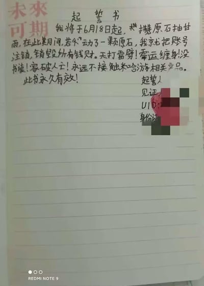这是一张用REDMI NOTE 9拍摄的手写起誓书，写在带横线的笔记本纸上，左上角印有“未来可期”字样。起誓人是游戏《原神》的玩家，为了抽取游戏角色甘雨，承诺从6月18日起开始攒游戏内的货币“原石”，期间如果动了一颗原石，就立下注销账号、销毁钱财、天打雷劈、霉运缠身等一系列毒誓，还表示会永远不接触米哈游相关产品，最后注明此书永久有效。右下角有被马赛克处理的见证人、UID、身份证相关信息，还有一个红色的手印。