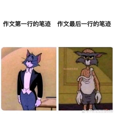 图片为左右对比图，左侧是《猫和老鼠》中的Tom身着黑色礼服、白色领结，姿态优雅自信，配文“作文第一行的笔迹”；右侧Tom衣衫褴褛、身上带伤、表情疲惫，配文“作文最后一行的笔迹”。通过Tom前后反差巨大的形象，幽默调侃学生写作文时，开头笔迹工整认真，到结尾因疲劳或赶时间变得潦草混乱的状态，引发学生群体共鸣。