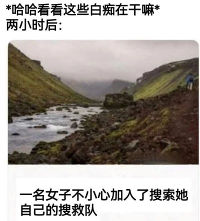 图片上方文字为'*哈哈看看这些白痴在干嘛* 两小时后：'，中间是一张山谷河流的风景照，远处可见一人影。下方文字揭示核心笑点：'一名女子不小心加入了搜索她自己的搜救队'。通过前后态度的反差和荒诞的巧合情节，营造出幽默搞笑的效果，让人会心一笑。
