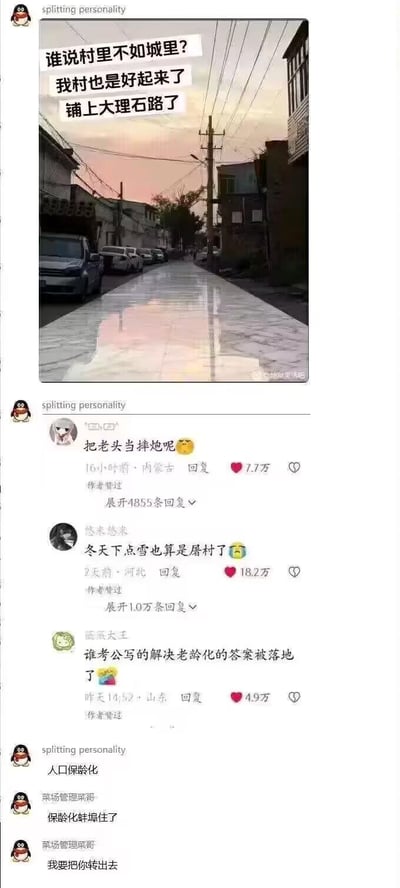 社交媒体截图中，一张乡村街道照片配文“谁说村里不如城里？我村也是好起来了 铺上大理石路了”，展示农村铺设大理石路面的场景。下方评论区充满幽默讽刺：有网友调侃“把老头当鲜炮呢”“冬天下点雪也算是屠村了”，暗指大理石路冬季湿滑对老人危险；还有评论“谁考公写的解决老龄化的答案被落地了”，将铺大理石路与解决老龄化问题荒诞关联，原博主后续回复“人口像融化”“保险给焊住了”，进一步用夸张语言吐槽社会现象。