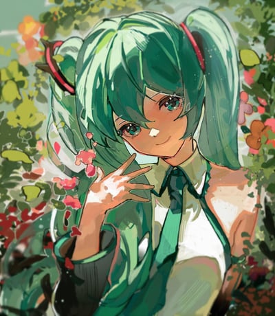 这是一幅手绘厚涂风格的同人插画，虚拟歌手初音未来置身于色彩丰富的繁茂花丛中。她标志性的薄荷绿双马尾搭配红色发带，侧头露出温柔的微笑，澄澈的眼眸看向镜头，一只手轻抬在身侧。暖金色的光影笼罩着角色，让画面充满治愈感，背景的花叶与角色发色呼应，整体氛围清新又温暖。