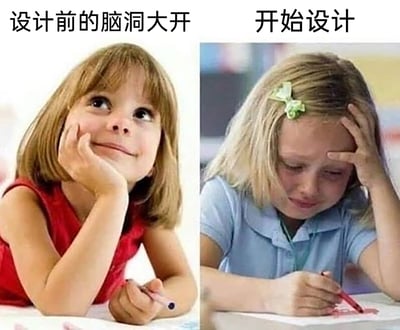 这是一张左右对比的静态真人梗图，通过两个小女孩的状态反差，调侃设计从业者的工作心路：左侧标注“设计前的脑洞大开”，画面里穿红色上衣的小女孩双手托腮，面带微笑，眼神向上眺望，手持画笔，神态轻松愉悦，满是对创作的憧憬与想象；右侧标注“开始设计”，画面里穿蓝色上衣的小女孩眉头紧皱，眼眶泛红，面露快要哭泣的悲伤神情，单手撑着额头，另一只手握着画笔对着纸面，姿态焦虑又苦恼。整张图生动展现了从构思阶段的满怀创意到实际动手创作时的窘迫无奈的强烈心态落差，精准戳中设计从业者的工作痛点。