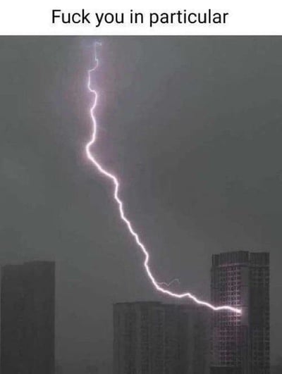 图片上方有一行英文文字“Fuck you in particular”，下方是城市建筑群在阴沉天空下的场景，一道闪电从天空蜿蜒而下，精准地劈中其中一栋特定的大楼，而周围其他建筑未受影响。这种构图通过将自然现象（闪电）拟人化，仿佛闪电特意针对这栋大楼表达不满，营造出幽默戏谑的效果。