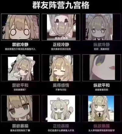 这是一张以猫娘表情包为素材制作的群友阵营九宫格趣味分类图，将群聊中的群友按照「禁欲/正经/纵欲」三种行为倾向，和「冷静/平和/暴躁」三种情绪状态，划分成9种不同的群聊人设：
1. **禁欲冷静**：配文「我经常因为不够淫乱而格格不入」，搭配圆眼懵懵的猫娘表情，形容在群里过于正经显得格格不入的群友
2. **正经冷静**：配文「我只是来交流讨论的」，搭配探出头好奇的猫娘表情，形容以交流为目的、心态平稳的群友
3. **纵欲冷静**：配文「你好，我喜欢你」，搭配星星眼的猫娘表情，形容在群里直白表达好感的群友
4. **禁欲平和**：配文「你的美德呢？」，搭配指人的猫娘表情，形容在群里质疑他人行为、维持正经底线的群友
5. **莫得感情**：配文「不参与讨论」，搭配眯眼无情绪的猫娘表情，形容在群里潜水不发言的群友
6. **纵欲平和**：配文「姐姐看看你的」，搭配半露脸的娇羞猫娘表情，形容在群里撒娇式表达需求的群友
7. **禁欲暴躁**：配文「看来必须控制你了😈」，搭配气鼓鼓的猫娘表情，形容在群里因为他人不正经发言而生气管控的群友
8. **正经暴躁**：配文「你们这是什么群啊害人不浅」，搭配炸毛生气的猫娘表情，形容在群里被带偏后愤怒吐槽的群友
9. **纵欲暴躁**：配文「主人草饲我草饲我草饲我💚」，搭配星星眼激动的猫娘表情，形容在群里情绪激动地表达亲昵需求的群友

无特殊双关或谐音梗，是对群聊不同发言风格人群的趣味调侃。