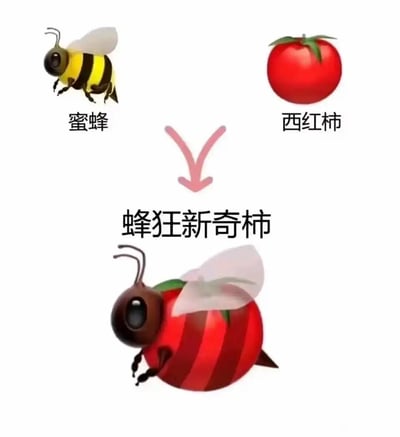 这是一张脑洞大开的创意合成梗图，画面上方分别展示了蜜蜂和西红柿的卡通emoji形象，通过向下的箭头示意两者结合，最终生成了一个将蜜蜂的头部、翅膀，与西红柿的身体融合的全新卡通生物，并命名为“蜂狂新奇柿”。图中运用了谐音梗，“蜂狂新奇柿”谐音“疯狂新奇特”，将两种毫无关联的事物进行创意融合，风格搞笑有趣，充满创意与想象力。
