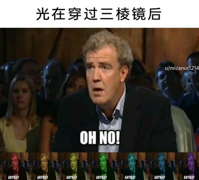 这是一张结合物理光学知识的搞笑梗图，以光的色散现象为创作核心。顶部文字“光在穿过三棱镜后”点明主题，中间使用英国知名主持人杰里米·克拉克森露出错愕惊讶神情的画面，配文“OH NO!”，模拟对光即将被色散的“反应”；下方则排列了七张克拉克森的头像，从正常肤色依次变为绿色、青色、蓝色、紫色等，对应三棱镜色散出的七色光，每张头像下方都配文“ANYWAY”，表现出“不管怎样，光最终还是被色散”的无所谓态度。该梗图将科学现象与经典名人meme结合，用幽默的形式呈现物理知识，趣味性十足。