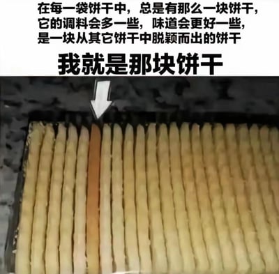 图片上半部分为黑色文字，内容描述在每袋饼干中总有一块因调料更多、味道更好而脱颖而出的饼干，最后点明“我就是那块饼干”；下半部分是一张饼干实物照片，画面中一排浅色饼干中间有一块颜色较深的饼干，被白色箭头重点标注，通过日常食物的比喻，幽默地表达自我出众的自信或调侃。