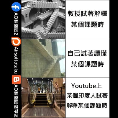 这是一张三行两列的左右对比类迷因梗图，用三种不同通行难度的楼梯做比喻，调侃了三种学习专业课题的场景体验：学校教授讲解的内容像逻辑混乱、完全走不通的彭罗斯阶梯一样晦涩难懂，自己自学的时候内容像歪扭奇怪的石楼梯一样难啃，而外网视频平台上的印度博主讲解的内容却像带自动扶梯的商场楼梯一样清晰易懂、门槛极低，精准戳中了很多学生学习专业知识时的真实感受。