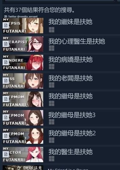 这是一张社交媒体搜索结果截图，显示了37个符合搜索条件的结果。截图中包含多个动漫风格女性角色头像，每个头像旁边都有类似"我的繼妹是扶她"、"我的心理醫生是扶她"、"我的病嬌是扶她"等统一格式的标题，所有结果都带有"FUTANARI"标签。顶部显示有Twitter用户@remilia servant的信息。