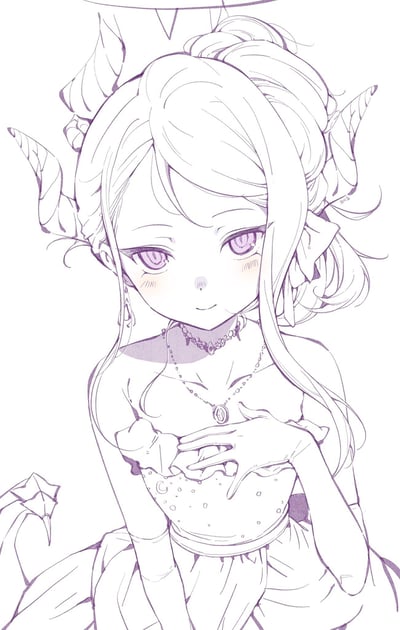 一张紫色调的线稿风格动漫少女插画。少女有着长长的卷发，头上戴着装饰性的角状发饰，紫色的眼睛带着害羞的神情，脸颊有红晕。她穿着带有荷叶边的抹胸上衣，脖子上戴着项链，双手轻放在胸前。整体画风细腻，线条流畅，充满日系动漫的可爱风格。
