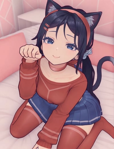 图中是一位动漫风格的猫耳少女，她有着蓝色的大眼睛和黑色的长发，头发上戴着红色的猫耳发箍，还系着一个蓝色的蝴蝶结。少女穿着红色的露肩毛衣和蓝色的百褶裙，搭配红色的长筒袜，脖子上戴着一个粉色的项圈。她正坐在粉色的床上，一只手向前伸出，做出一个俏皮的握拳姿势，脸上带着温柔的微笑。背景是粉色的墙壁和枕头，营造出温馨可爱的氛围。