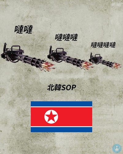图片展示了三挺正在开火的机枪，枪口有火焰和弹壳喷出。每挺机枪上方分别配有文字"噗噗"、"噗噗噗"和"噗噗噗噗"，模拟机枪射击的声音。图片下方有"北韓SOP"字样，底部则是朝鲜国旗图案。整体采用灰色纹理背景，右下角有一个带皇冠的蓝色圆形水印。