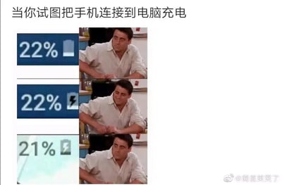 这是一张三格的图文混排类梗图，顶部配有文字“当你试图把手机连接到电脑充电”，每一格左侧是手机电量界面，右侧是美剧《老友记》中乔伊的表情变化，对应人们用电脑给手机充电时的心态变化：第一格显示手机电量22%，乔伊一脸期待；第二格出现充电标识，乔伊露出欣慰的神情；第三格电量掉到21%，乔伊露出震惊不敢置信的表情，精准还原了很多人遇到的用电脑给手机充电时，不仅没充进去电，手机还被反向耗电的无奈经历，十分贴合生活，充满搞笑效果。