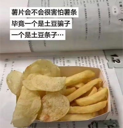 这张图以摊开的数学教材为背景，前景是一个纸质餐盒中同时盛放着薯片和薯条，图的上方配有三行文字，玩了双重谐音冷笑话：一是将切片土豆制作的薯片谐音为“土豆骗子”，二是将条状土豆制作的薯条对应“土豆条子”，“条子”是民间对警察的俗称，借此调侃作为“骗子”的薯片会害怕代表执法者的“条子”薯条，笑点荒诞有趣。