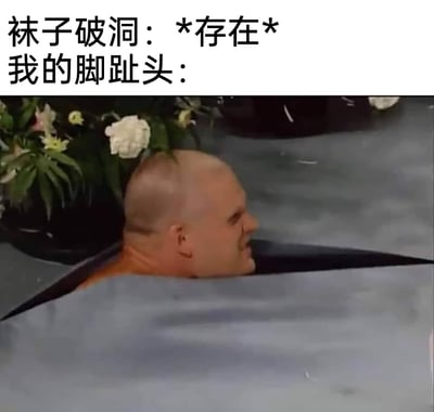 这是一张充满生活趣味的搞笑梗图，上方配文“袜子破洞：*存在* 我的脚趾头：”，下方画面是一名光头男子从类似破洞的平面中探出头来，面带笑容。该图用夸张的画面形象地调侃了当袜子出现破洞时，脚趾头会像这样从破洞里“钻出来”的场景，生动还原了日常里袜子破洞后脚趾头露出的小尴尬，以幽默的方式展现生活中的小细节，让人忍俊不禁。
