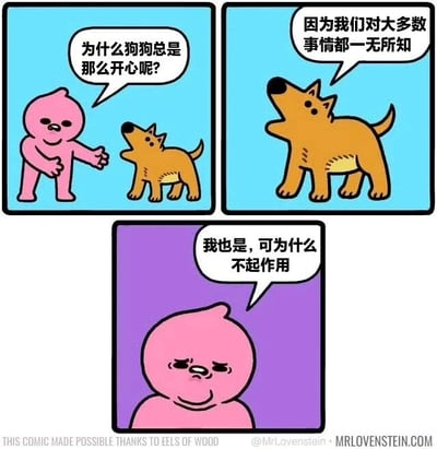 三格连环漫画，以幽默方式探讨快乐来源。第一格（蓝色背景）中粉色卡通角色侧身询问棕色卡通狗：“为什么狗狗总是那么开心呢？”；第二格（蓝色背景）狗狗仰头得意回答：“因为我们对大多数事情都一无所知”；第三格（紫色背景）粉色角色低头皱眉，困惑自语：“我也是，可为什么不起作用”。通过对比狗狗因无知而快乐与人类同样无知却无法快乐的反差制造笑点。