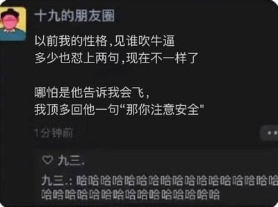这是一张朋友圈截图，展示了用户"十九"发布的一条关于自己性格转变的动态。内容讲述自己以前遇到别人吹牛会忍不住怼回去，现在即使对方说自己会飞，也只会回一句"那你注意安全"。下方有用户"九三."的评论，内容全是连续的"哈哈哈哈"表示大笑。