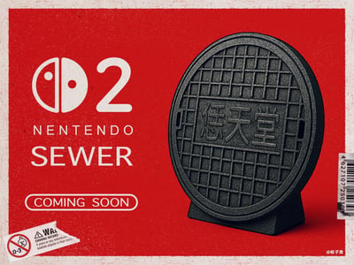 这是一张恶搞任天堂Switch 2主机的创意梗图，模仿主机发布会海报的复古红色背景风格：
1. 左侧将Switch的Logo进行修改，搭配数字2，下方文字改为「NENTENDO SEWER」（SEWER意为下水道），标注「COMING SOON」模拟即将发布的宣传语；
2. 右侧将主机设计成下水道井盖的样式，井盖上刻有「恁天堂」字样，是「任天堂」的谐音梗；
3. 左下角加入了儿童窒息警示的恶搞标签，整体风格玩梗趣味十足，用来调侃任天堂Switch 2的相关传闻。