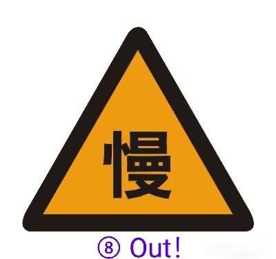 这是一张改编自交通警告标志的趣味梗图，主体是黄黑配色的三角形慢行警示标志，标志中间写有黑色的“慢”字，在标志下方配有紫色的“⑧ Out!”文字。图中运用了谐音梗，“慢”和“⑧（八）”谐音中文里的“拜拜（Bye Bye）”，结合英文“Out”，整体表达“拜拜出局”的意思，用严肃的交通标志形式来玩文字谐音梗，风格轻松搞笑。