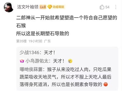 社交媒体评论区截图，用户“洁文叶袖领”发布关于二郎神塑造石猴的趣味解读，称“这是长期塑石导致的”，利用“塑石”与“素食”的谐音玩梗。下方有其他网友回复“天才!”表示赞赏，另有用户“曝哋俟菻蘘”进一步延伸梗意，称猴子因长期素食吸收天地灵气才不服上天。