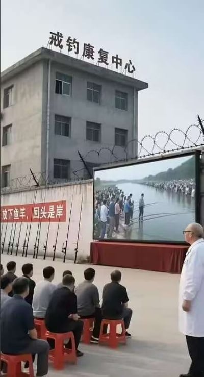这张图展示了一个模仿戒毒所的“戒钓康复中心”，一群人像“钓鱼成瘾者”被集中观看钓鱼视频，强调“兴趣上瘾”的荒诞。墙上的横幅“放下鱼竿，回头是岸”带有明显双关，既是钓鱼的字面意思，也暗示了人生抉择的劝导。整图夸张幽默，调侃了对兴趣上瘾者的社会态度。