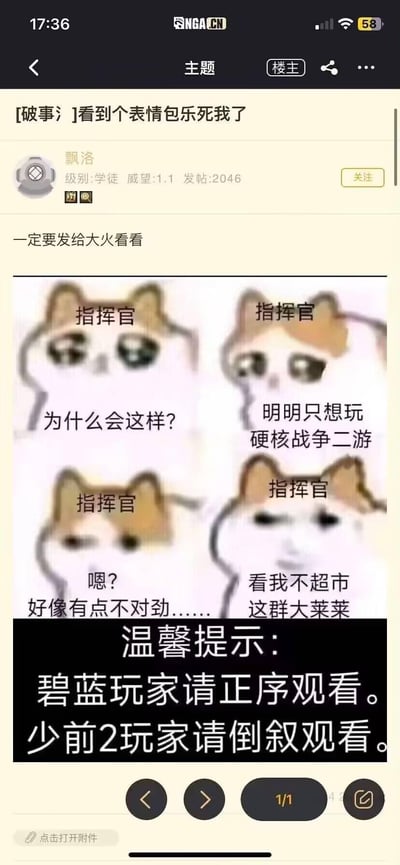 这是一张针对《碧蓝航线》与《少女前线2：追放》玩家的定制梗图，采用Mur猫（流泪猫猫头）的四格模板创作。
- 正序观看对应《碧蓝航线》玩家心态：原本只想玩硬核战争题材二次元手游，却发现游戏有大量偏向福利养成的内容，心态从疑惑逐渐转为愤怒，其中“超市”是“抄死”的谐音，“大莱莱”是“大奶”的谐音，用来吐槽游戏里的女性角色设定；
- 倒序观看对应《少女前线2：追放》玩家心态：对游戏偏离硬核战争方向感到不满，最后回归“只想玩硬核战争二游”的初衷，情绪从愤怒转为无奈疑惑。
梗图通过正倒序的不同观看方式，精准戳中两款游戏玩家的不同心态，充满玩梗趣味。