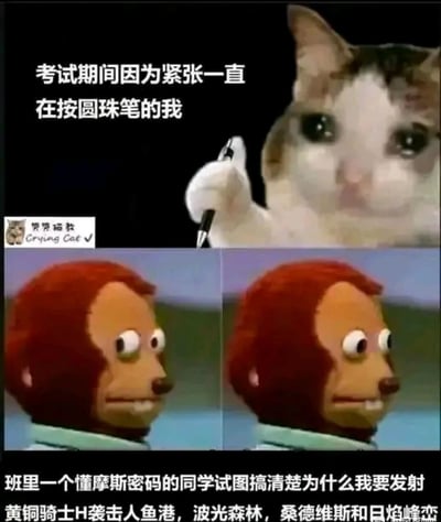 图片由上下两部分组成。上半部分是一只表情紧张无辜的猫，手持圆珠笔做出按压动作，配文“考试期间因为紧张一直在按圆珠笔的我”。下半部分是两张并排的红头发木偶截图，木偶表情疑惑，似乎在转头观察，下方配文“班里一个懂摩斯密码的同学试图搞清楚为什么我要发射黄铜骑士H袭击人鱼港，波光森林，桑德维斯和日焰峰峦”。整体通过夸张对比，幽默展现考试紧张时的小动作被同学过度解读为摩斯密码的搞笑场景。