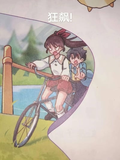 这是一张卡通风格的趣味插画，扎着马尾的女生表情凶狠激动，奋力握着车把骑着自行车飞速前进，后座的男生则一脸惊恐，嘴巴大张。画面上方配文“狂飙！”，借用热门电视剧《狂飙》的名字玩梗，用夸张的画风表现出自行车速度极快的状态，充满搞笑感。