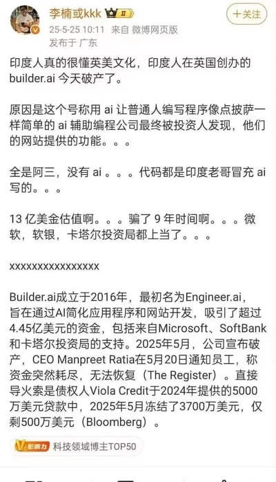 这是科技博主@李楠或kkk发布的微博内容，爆料印度人在英国创办的Builder.ai公司的创业骗局：该公司号称用AI让普通人轻松编程，实则是印度程序员冒充AI写代码，靠这个骗局维持了9年，拿到13亿美金估值，骗了微软、软银、卡塔尔投资局等知名投资方，最终公司破产。内容还附带了该公司的背景信息，包括成立时间、融资情况和破产的直接导火索。
无谐音梗、双关或暗示内容。