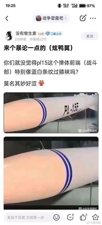 这是一张百度贴吧"战争雷霆吧"的帖子截图，用户"没有维生素"发布了一个"暴论"，称PL15导弹的弹体前端（战斗部）特别像蓝白条纹过膝袜，并配上了"莫名其妙好涩😳"的感叹。帖子下方附带了两张PL15E导弹的特写照片，着重展示了其弹体前端的蓝白条纹设计。这种将军事装备与日常服饰进行联想的幽默对比，展现了网友丰富的想象力和网络迷因的创作特点。