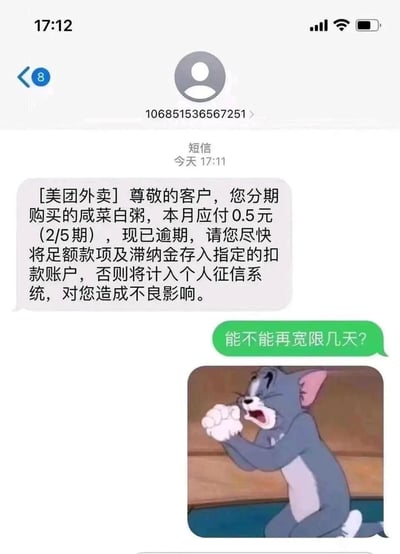 这是一张模拟微信聊天界面的恶搞静态图，上方是来自1068开头号码的模拟美团外卖催款短信，内容为用户分期购买的廉价咸菜白粥本月应付0.5元（2/5期）已逾期，威胁将计入个人征信；下方是用户回复“能不能再宽限几天？”，并搭配《猫和老鼠》中汤姆猫哀求的表情包。图片通过将严肃的金融催款话术套用在极其廉价的日常消费场景中，形成强烈的反差感，以戏谑的方式调侃当代年轻人的窘迫处境，用夸张的自嘲制造搞笑效果。