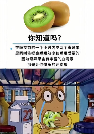 图片分为上下两部分。上半部分是两颗奇异果（一颗完整一颗切开）的实物图，下方配有文字说明：“你知道吗？在睡觉前的一个小时内吃两个奇异果是同时能提高睡眠效率和睡眠质量的 因为奇异果含有丰富的血清素 那是让你快乐的元素哦”。下半部分是动画场景，一只戴着眼镜的棕色老鼠角色，眼睛瞪得很大，脸上挂着泪珠，正用手抓起盘中的奇异果大口塞进嘴里，背景中有牛奶盒等物品。整体通过健康知识与卡通角色夸张反应的结合，形成幽默效果。