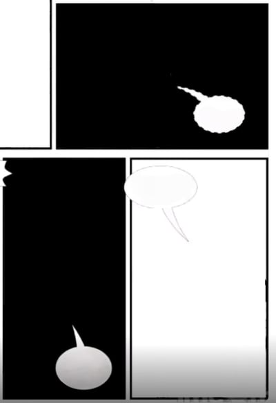 这是一张黑白漫画风格的四格分镜图，采用2x2网格布局。每个格子都是简单的黑白对比构图，包含不同形状和位置的空白对话框，但没有任何实际文字内容。上排左侧为纯黑背景配右上方向的爆炸形对话框，上排右侧为纯黑背景配左侧的圆形对话框；下排左侧为纯黑背景配底部的尖角对话框，下排右侧为纯白背景配左侧的圆角对话框。整体看起来像是一个可供填充内容的漫画模板。