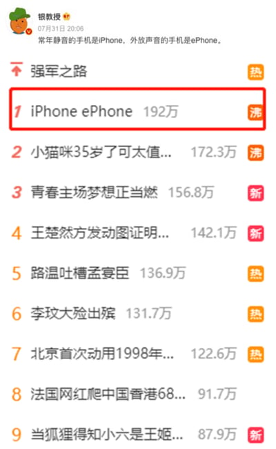社交媒体截图内容显示，用户“银教授”发布帖子调侃i人e人手机使用习惯：“常年静音的手机是iPhone，外放声音的手机是ePhone。” 下方热搜榜中，“iPhone ePhone”以192万热度登顶并被红色方框标注。通过谐音双关将MBTI人格测试中的i人（内向）与iPhone（静音）、e人（外向）与ePhone（外放）关联，用年轻化语言展现i/e人格差异，充满网络幽默气息。