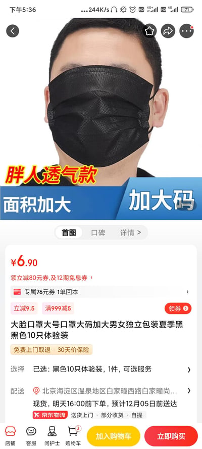 这是京东电商平台的一款大码黑色一次性口罩商品详情页截图，商品主打「胖人透气款」，特点为面积加大、加大码，适合脸型较大的男女使用，夏季适用，为10只独立包装的体验装，售价6.90元。页面展示了多种优惠券领取信息，包括立减券、免息券等，同时标注了免费上门取退、30天价保险的售后保障，配送采用京东物流，收货地址为北京海淀区相关区域，现货状态下16:00前下单预计12月05日前送达。页面底部有店铺、客服、购物车等电商功能按钮，以及加入购物车和立即购买的操作入口。图中无谐音梗、双关或暗示类内容。