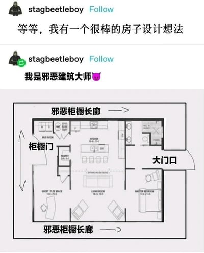 社交媒体截图，用户stagbeetleboy发布两条动态，第一条称有很棒的房子设计想法，第二条自封“邪恶建筑大师”并附带一张房屋平面图。图中平面图标注了“邪恶柜橱长廊”“柜橱门”“大门口”等字样，展示了包含厨房、客厅、主卧等区域的布局，整体风格幽默搞笑，以夸张的“邪恶”命名制造笑点。