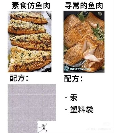 这张图采用左右对比的形式呈现内容：左侧是外观撒有香草碎的素食仿鱼肉，下方标注「配方：」但仅配有一个简笔小人图案，无具体配方内容；右侧是看起来正常的寻常鱼肉，下方配方栏标注了「- 汞 - 塑料袋」。通过强烈的反差反讽现实中由于环境污染，真实鱼肉含有汞、塑料微粒等有害物质，反而素食仿鱼肉相对更「纯净」，以此调侃水污染导致海鲜受污染的现状，用幽默的方式表达对食品安全和环境问题的担忧。